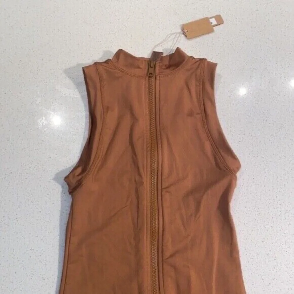 Skims Swim Mock Neck Zip up Cycle Suit Almond Wetsuit Resortwear Kim Kardashian
